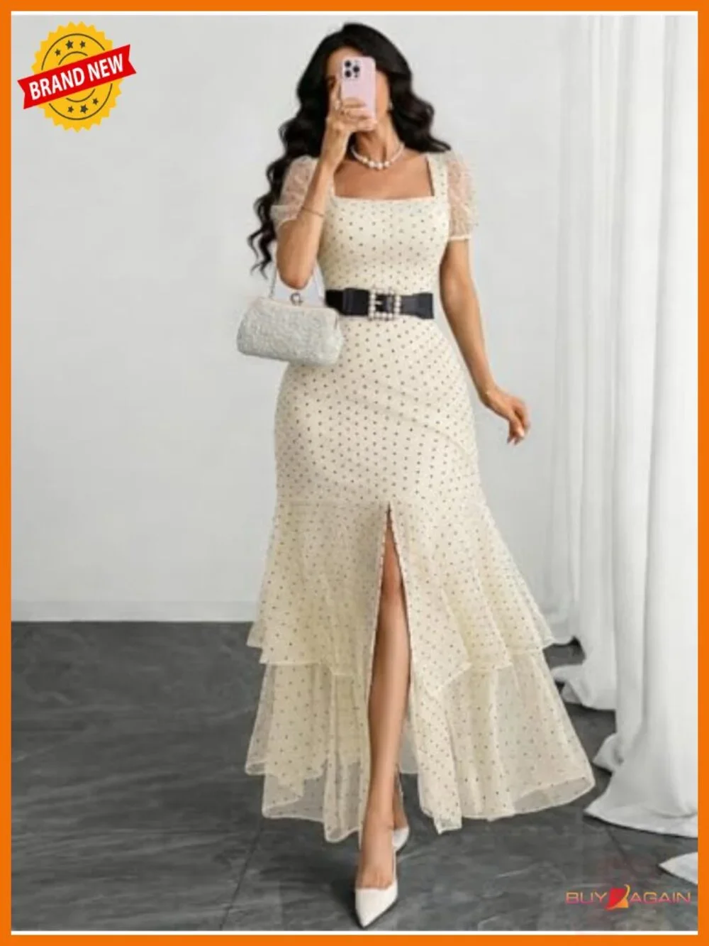 Polka Dot Maxi Dress Square Neck Puff Sleeve High Slit Ruffle Hem